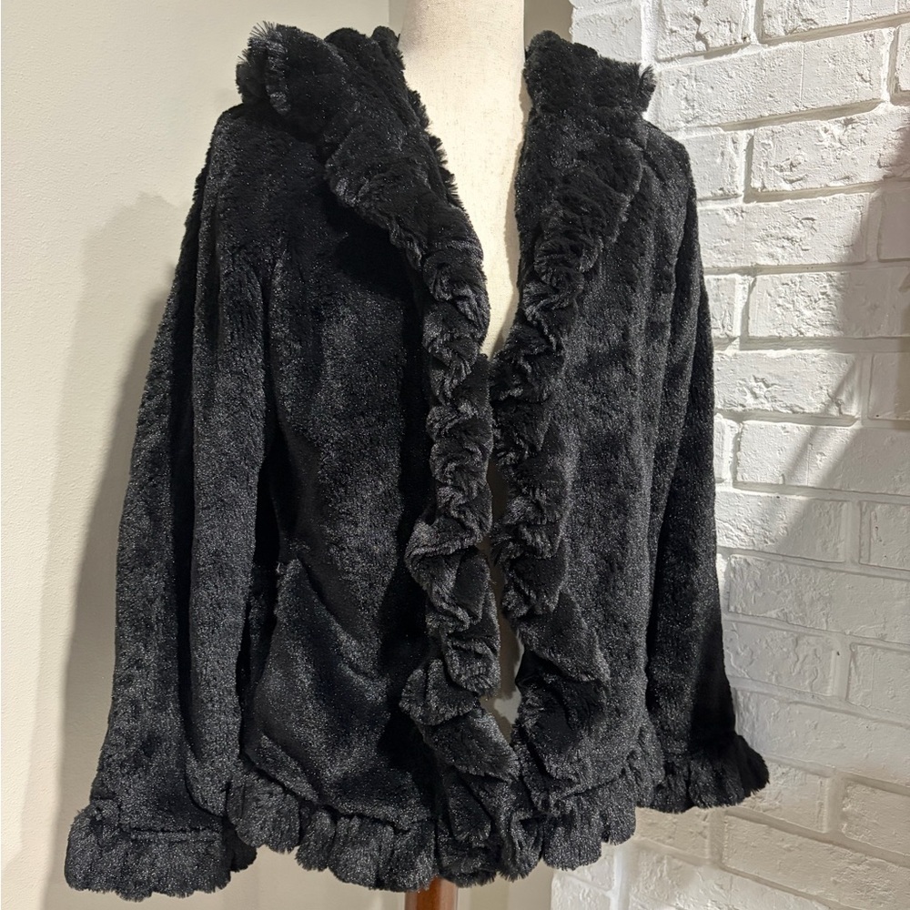 Damselle Black Plush Faux Fur Ruffle Jacket - Picture 2 of 4